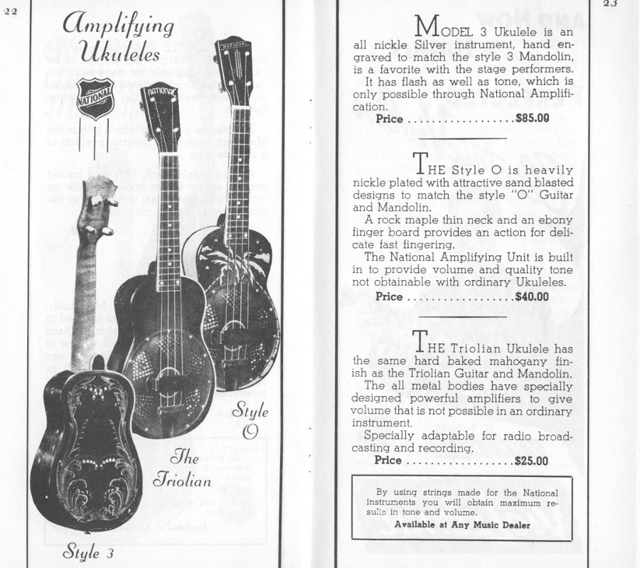 1936/7 catalogue Style O, Style 3, Triolian ukulele page